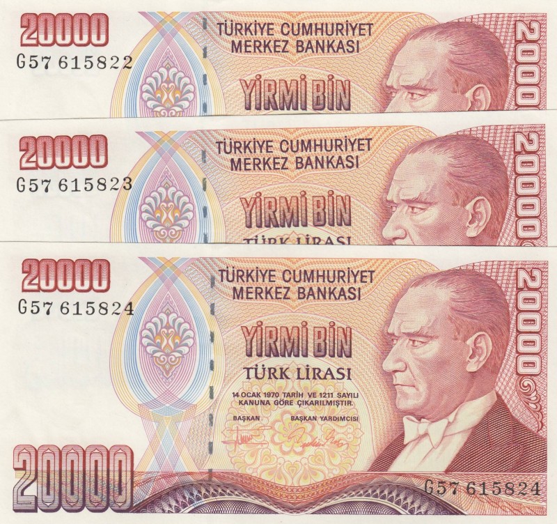 Turkey, 20.000 Lira, 1995, UNC, p202, (Total 3 consecutive banknotes)
 Serial N...