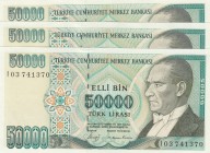 Turkey, 50.000 Lira, 1989, UNC, p203a, 7. Emission 
Total 3 banknotes, Serial Number: I69 526157, I38 533697, I03 741370
Estimate: 10-20 USD