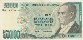Turkey, 50.000 Lira, 1989, VF, p203, 
RARE, Serial Number: H01 897014
Estimate: 50-100 USD