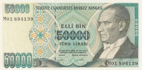 Turkey, 50.000 Lira, 1995, UNC, p204, 
 Serial Number: M01 894139
Estimate: 10-20 USD