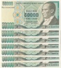 Turkey, 50.000 Lira, 1995, UNC, p204, 7.Emission
Total 7 banknotes, (M) Letter, (with some stains)
Estimate: 10-20 USD