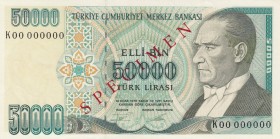 Turkey, 50.000 Lira, 1995, UNC, p204, SPECIMEN
 Serial Number: K00 000000
Estimate: 500-1000 USD