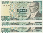Turkey, 50.000 Lira, 1995, UNC, p204, (Total 3 banknotes)
prefix numbers: L04- L41, two of the banknotes are in series follow-up
Estimate: 10-20 USD