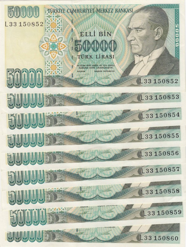 Turkey, 50.000 Lİra, 1995, AUNC, p204, (Total 9 consecutive banknotes)
 Serial ...