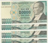 Turkey, 50.000 Lira, 1989/1995, Different conditions between UNC and AUNC, p203/204, total 4 banknotes
Estimate: 10-20 USD