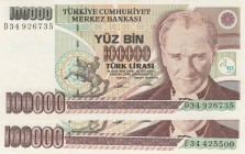 Turkey, 100.000 Lira, 1994, UNC, p205c, 
Total 2 banknotes, Serial Number: D34 926735, D34 425500
Estimate: 10-20 USD
