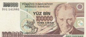Turkey, 100.000 Lira, 1994, AUNC, p205b, "D01" first prefix
 Serial Number: D01 141881
Estimate: 10-20 USD