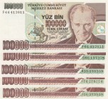 Turkey, 100.000 Lira, 1996, UNC, p205c, 
Total 5 banknotes, Serial Number: F64 412011, G66 137378, H19 070309, I74 278274, J16 373838
Estimate: 20-4...