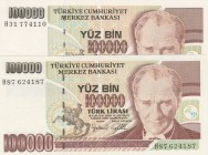 Turkey, 100.000 Lira, 1996, UNC, p205c, DIFFERRENT FLIGRAN SET
 Serial Number: H31 774110 ve H87 624187
Estimate: 25-50 USD