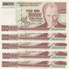 Turkey, 100.000 Lira, 1996, UNC, p205c, (Total 5 consecutive banknotes)
 Serial Number: J20 423928- 32
Estimate: 15-30 USD