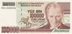 Turkey, 100.000 Lira, 1996, AUNC, p205c, 
"H01" first prefix, Serial Number: H01 689001
Estimate: 10-20 USD
