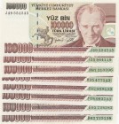 Turkey, 100.000 Lira, 1994/1996, UNC, p205b, p205c, (Total 8 banknotes)
Prefix numbers: D63- E05- F78-G42-H35-H87-I25-J49
Estimate: 20-40 USD