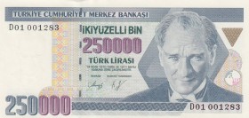 Turkey, 250.000 Lira, 1992, UNC, p207, 
 Serial Number: D01 001283
Estimate: 10-20 USD