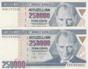 Turkey, 250.000 Lira, 1992, UNC, p207, 7. Emission 
Total 2 banknotes, Serial Number: A03 042952, A45 277810
Estimate: 10-20 USD