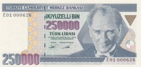 Turkey, 250.000 Lira, 1995, UNC, p207, 
"E01" First 1000 edition, Serial Number: E01 000626
Estimate: 15-30 USD