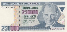 Turkey, 250.000 Lira, 1995, UNC, p207, 
 Serial Number: F01 693992
Estimate: 10-20 USD