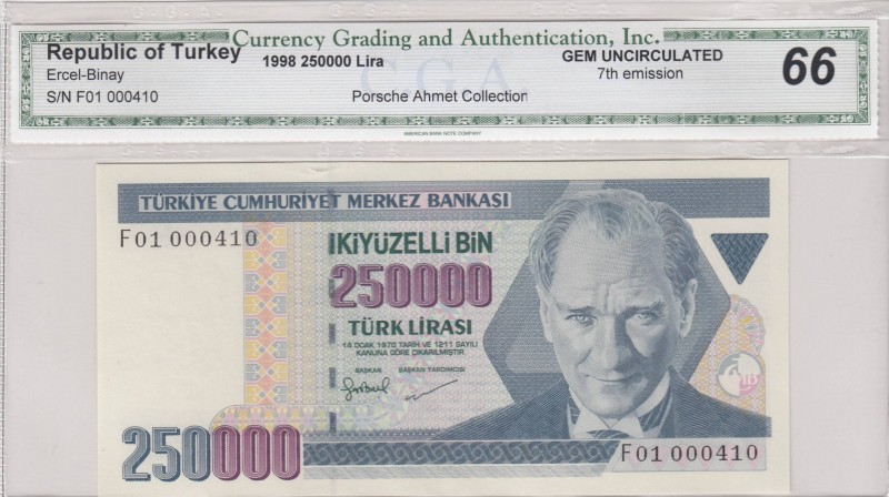 Turkey, 250.000 Lira, 1998, UNC, p211, 
C.G.A. 66 Certificate "F01" nice number...