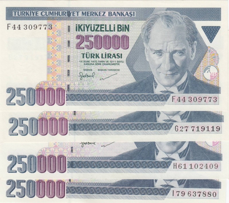 Turkey, 250.000 Lira, 1998, UNC, p207, 
Total 4 banknotes, Serial Number: F44 3...