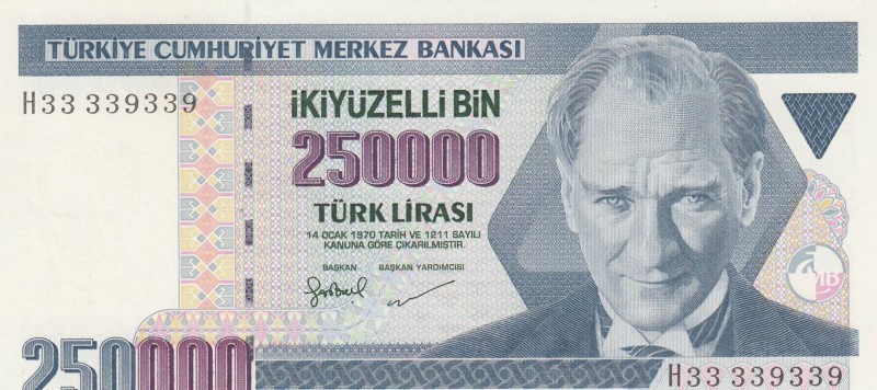 Turkey, 250.000 Lira, 1998, UNC, p211, 
Nice Number, Serial Number: H33 339339...