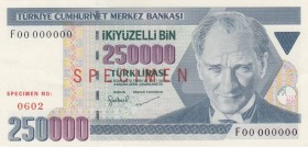 Turkey, 250.000 Lira, 1998, UNC, p211, SPECIMEN
 Serial Number: F00 000000
Estimate: 500-1000 USD