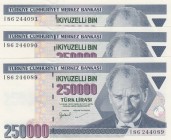 Turkey, 250.000 Lira, 1998, UNC, p211, (Total 3 consecutive banknotes)
 Serial Number: I86 244089-91
Estimate: 10-20 USD