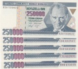 Turkey, 250.000 Lira, 1992/1998, UNC, p207, p211, (Total 5 banknotes)
Prefix numbers: A50, C44, E10, F71, H88
Estimate: 15-30 USD