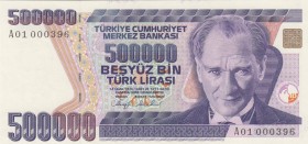 Turkey, 500.000 Lira, 1993, UNC, p208a, "A01" First prefix and low serial number
 Serial Number: A01 000396
Estimate: 25-50 USD
