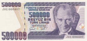 Turkey, 500.000 Lira, 1997, UNC, p212, 
"J01" First 500 edition, Serial Number: J01 000407
Estimate: 15-30 USD