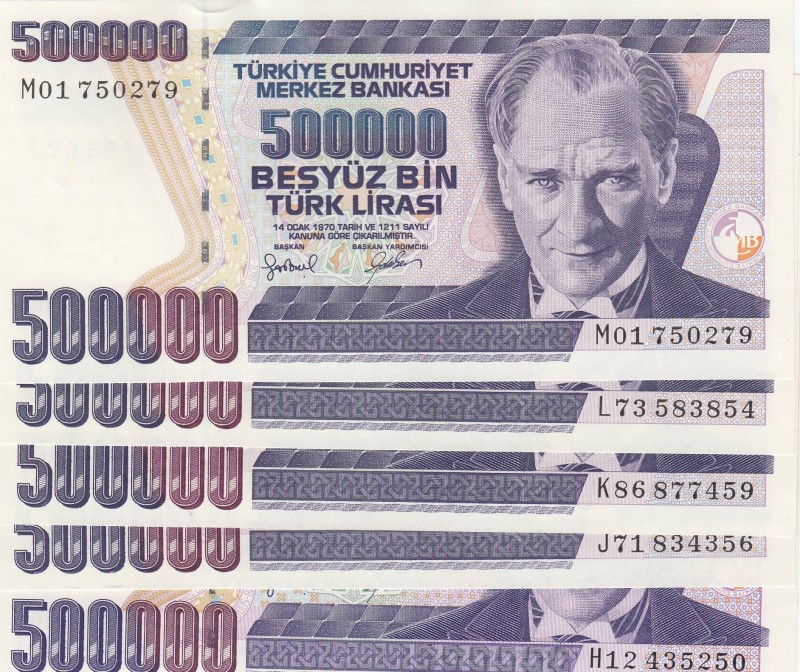 Turkey, 500.000 Lira, 1997, UNC, p212, 
Total 5 banknotes, Serial Number: H12 4...