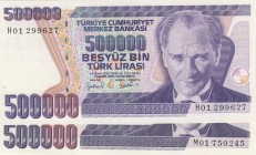 Turkey, 500.000 Lira, 1997, UNC, p212, 
Total 2 banknotes, Serial Number: H01 299627, M01 750245
Estimate: 10-20 USD