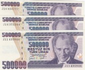 Turkey, 500.000 Lira, 1997, UNC, p212, (Total 3 banknotes)
prefix numbers: J11 J14- J16
Estimate: 15-30 USD