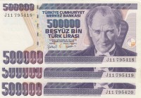 Turkey, 500.000 Lira, 1997, AUNC, p212, total 3 banknotes
Consecutive serial number banknotes, Serial Number: J11 795418-19-20
Estimate: 10-20 USD