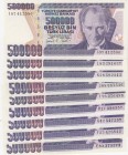 Turkey, 500.000 Lira, 1994/1997, UNC, p208c, p212, (Total 9 banknotes)
Prefix numbers: E83, F53(Pressed), G42, H17, I07, I76(AUNC), J88, K26, L83
Es...