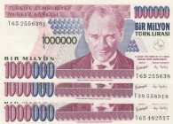 Turkey, 1.000.000 Lira, 2002, AUNC, p213, 
total 3 banknotes , Serial Number: T65 482517, T38 558918, T65 255638
Estimate: 10-20 USD