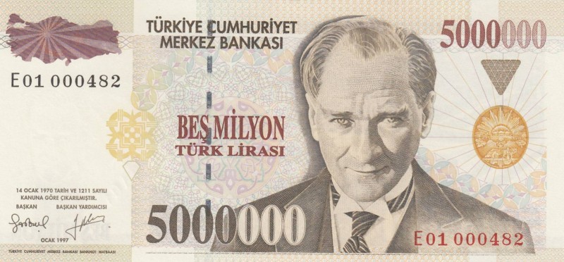 Turkey, 5.000.000 Lira, 1997, UNC, p210b, 
 Serial Number: E01 000482
Estimate...