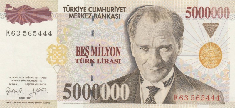 Turkey, 5.000.000 Lira, 1997, UNC, p210b, 
 Serial Number: K63 565444
Estimate...