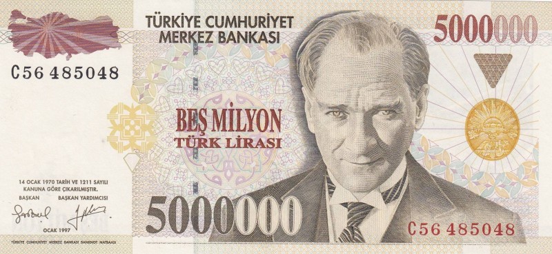 Turkey, 5.000.000 Lira, 1997, UNC, p210a, 
 Serial Number: C56 485048
Estimate...