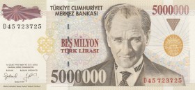 Turkey, 5.000.000 Lira, 1997, UNC, p210b, 
 Serial Number: D45 723725
Estimate: 20-40 USD