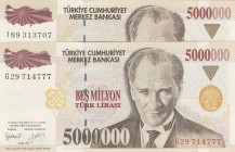 Turkey, 5.000.000 Lira, 1997, UNC, p210b, (Total 2 banknotes)
 Serial Number: G29 714777 ve I89 313707
Estimate: 20-40 USD