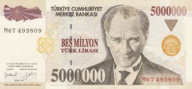 Turkey, 5.000.000 Lira, 1997, UNC, p210b, 
 Serial Number: M67 493809
Estimate: 15-30 USD