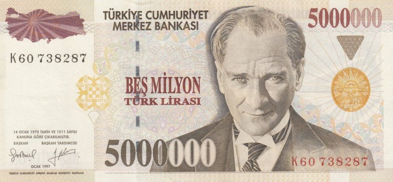 Turkey, 5.000.000 Lira, 1997, XF, p210b, 
 Serial Number: K60 738287
Estimate:...