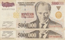 Turkey, 5.000.000 Lira, 1997, VF, p210b
Total 2 banknotes, Serial Number: F09 964019, G25 877755
Estimate: 10-20 USD