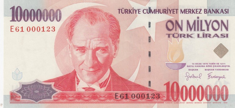 Turkey, 10.000.000 Lira, 1999, UNC, p214, Low serial number
 Serial Number: E61...