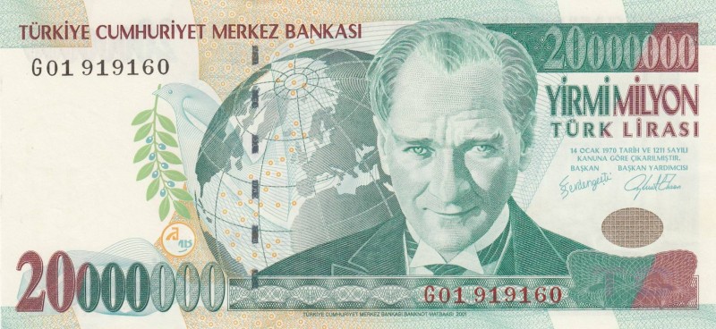 Turkey, 20.000.000 Lira, 2001, UNC, p215, 
 Serial Number: G01 191160
Estimate...