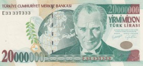 Turkey, 20.000.000 Lira , 2001, UNC, p215, 
nice number , Serial Number: E33 337333
Estimate: 25-50 USD
