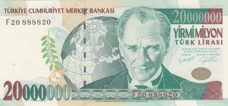 Turkey, 20.000.000 Lira , 2001, UNC, p215, 
nice number , Serial Number: F20 88...