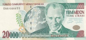 Turkey, 20.000.000 Lira, 2001, AUNC, p215, 
 Serial Number: G88 646675
Estimate: 10-20 USD