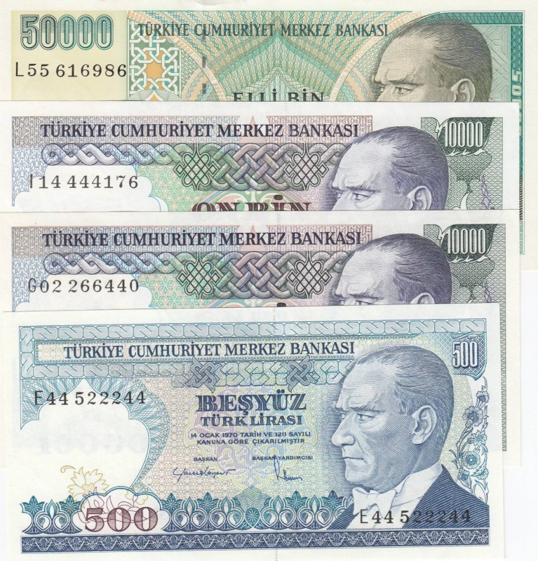 Turkey, UNC/UNC(-), Total 4 banknotes
500 Lira, 1984, UNC (-), p195; 10.000 Lir...