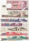 Turkey, 7. Emission mix lot, 100 Lira, 1984, E69, AUNC; 100.000 Lira, 1996, AUNC, p205c; 500.000 Lira, 1997, J83, AUNC; 1 million Lira, 1996, J38, XF;...