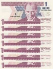 Turkey, 1 New Lira, 2005, UNC, p216, 
beatween A09 and A15 serial letter, total 7 banknotes, Serial Number: A09 964504, A10 452224, A11 755162, A12 4...